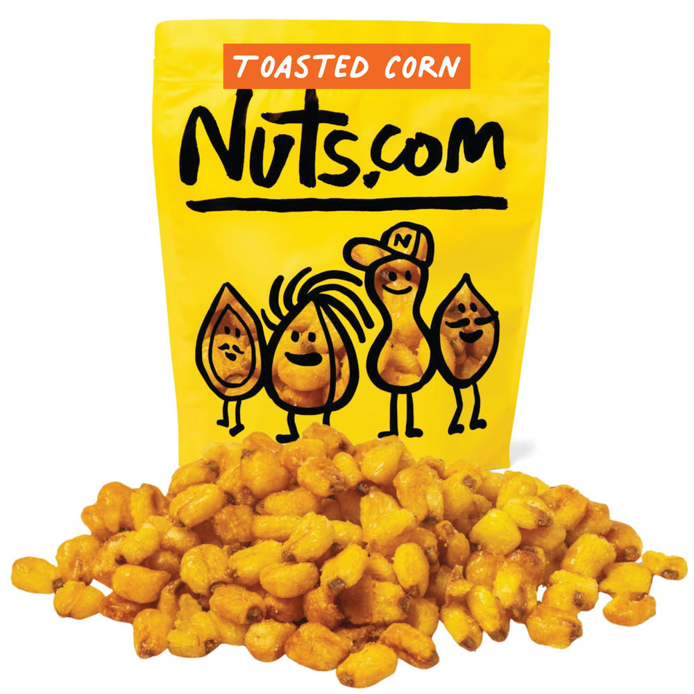 Nuts.com Toasted Corn in a resealable bag, crispy and lightly salted for snacking and charcuterie