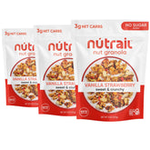 NuTrail Vanilla Strawberry granola bowl with unsweetened almond milk for a quick breakfast.