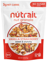 NuTrail Vanilla Strawberry granola in a bowl with milk, gluten-free crunch for breakfast.