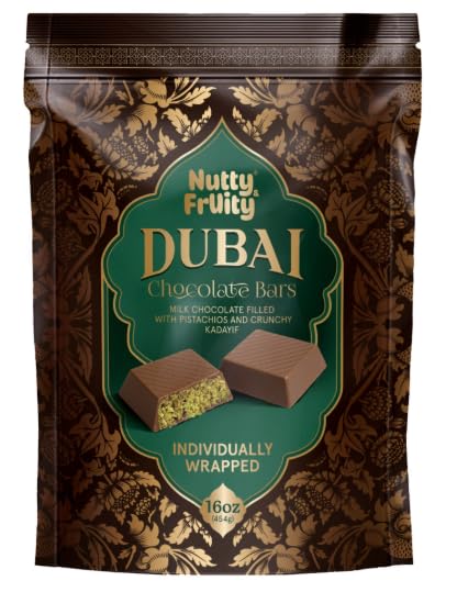 Nutty and Fruity Dubai Chocolate Bars packaging with gold accents, ideal for gifting.