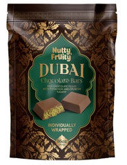Nutty and Fruity Dubai Chocolate Bars packaging with gold accents, ideal for gifting.