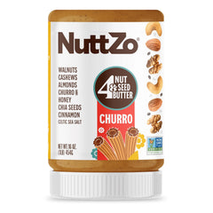 NuttZo Churro Butter jar on counter, creamy spread ideal for toast mornings