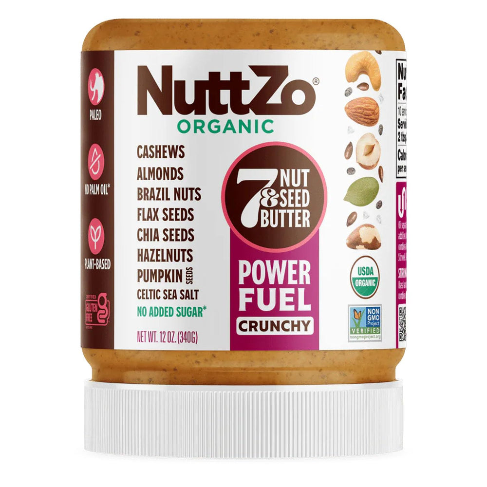 NuttZo Organic Power Fuel jar label with seven-nut blend, nutrient-rich appeal.