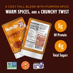 NuttZo Pumpkin Spice Power Fuel jar with fall leaves, seasonal edition flavor