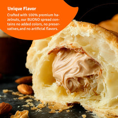 Nuuva Buono hazelnut spread beside pastries, showcasing kosher-friendly packaging and texture.