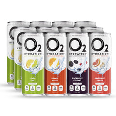 O2 Oxygenated Sports Recovery Drink variety pack cans—post-workout hydration