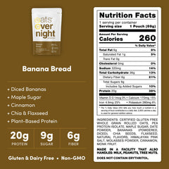 Ingredients showcase gluten-free oats and banana flavors for a fiber-rich start.