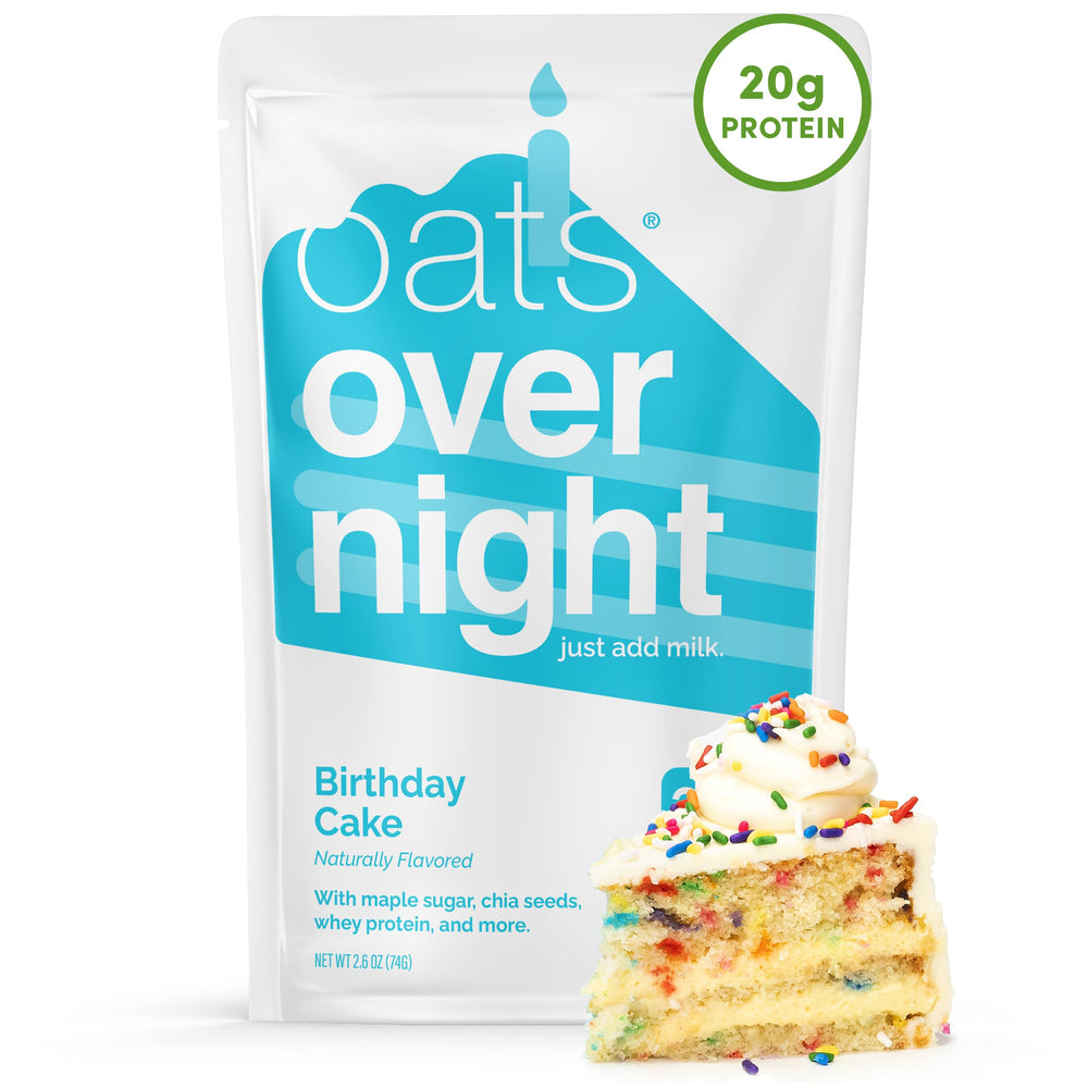 Oats Overnight Birthday Cake pack front view highlighting protein-packed breakfast.