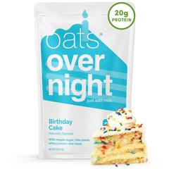 Oats Overnight Birthday Cake pack front view highlighting protein-packed breakfast.