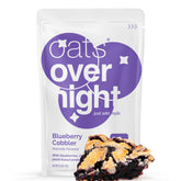 Oats Overnight blueberry cobbler pack showcases gluten-free, high-protein breakfast.