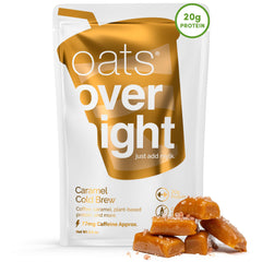 Oats Overnight Caramel Cold Brew bottle shown for convenient grab-and-go mornings.