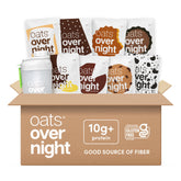 Oats Overnight chocolate variety pack packaging highlighting gluten-free, high-protein breakfast options.