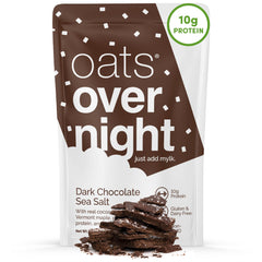 Oats Overnight dark chocolate sea salt pack highlighting gluten-free, plant-based breakfast.