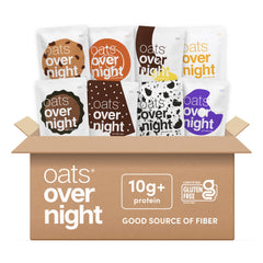 Oats Overnight dessert variety pack on kitchen counter, convenient overnight prep for busy mornings