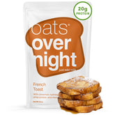 Oats Overnight French Toast packaging highlights gluten-free, high-protein breakfast for on-the-go mornings.