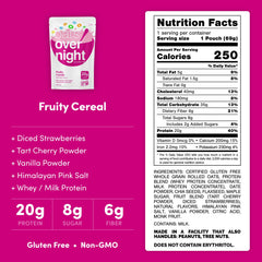 Oats Overnight Fruity Cereal bag serving shows easy overnight prep for mornings.