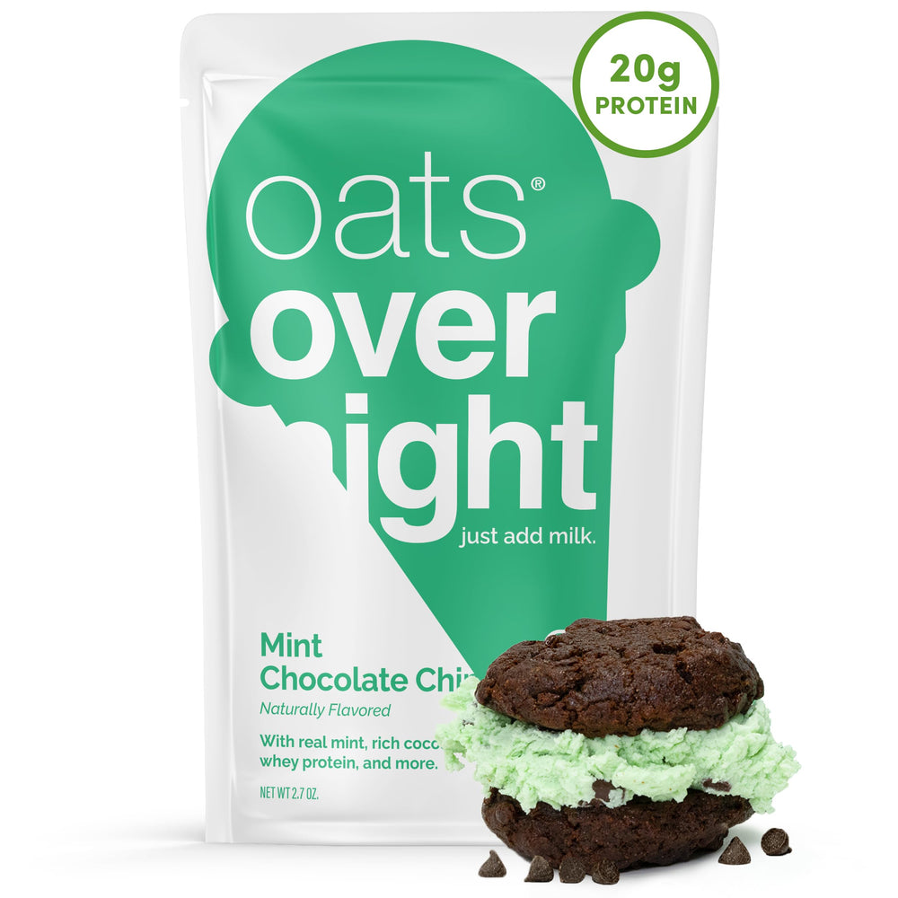 Oats Overnight Mint Chocolate Chip packaging showing gluten-free, high-protein breakfast.