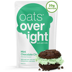Oats Overnight Mint Chocolate Chip packaging showing gluten-free, high-protein breakfast.