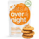 Oats Overnight peanut butter chocolate chip packaging highlights a quick, high-protein vegan breakfast.