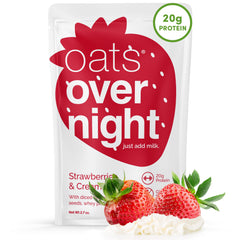 Oats Overnight Strawberries & Cream packshot showing convenient gluten-free breakfast with 20g protein per serving.