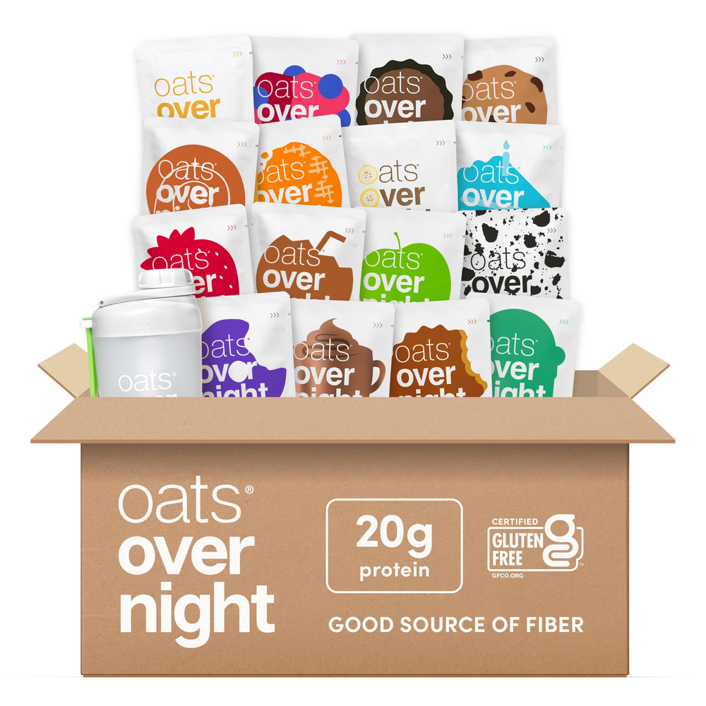 Oats Overnight variety pack box showcases multiple flavors for busy, convenient mornings.