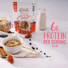 Granola sprinkled over yogurt for a crunchy, protein-rich topping with Oatsome.