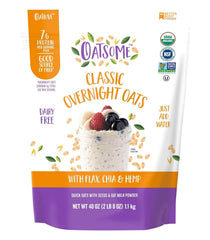 Oatsome Organic Overnight Oats bag on countertop, ideal pantry staple for quick, protein-rich breakfasts.