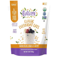 Oatsome Overnight Oats packaging shows gluten-free, protein-rich breakfast in a six-serving pouch.
