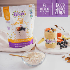 Wholesome oats, chia, flax, and hemp blend in a jar.