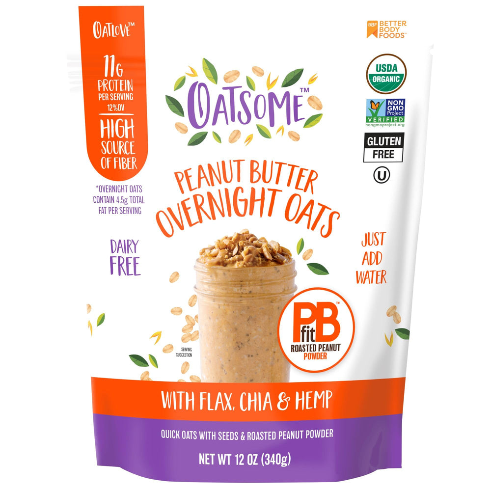 Oatsome PBfit Overnight Oats package shows gluten free oats and peanut butter flavor