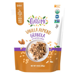 Oatsome Vanilla Almond Granola in a bowl with yogurt for a protein-forward breakfast.