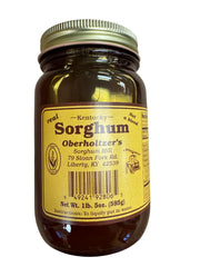 Oberholtzer's Pure Kentucky Sorghum bottle shows rich amber color for natural drizzle.