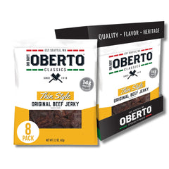 Oberto Classics Thin Style Original Beef Jerky front bag—premium snack with convenient protein.