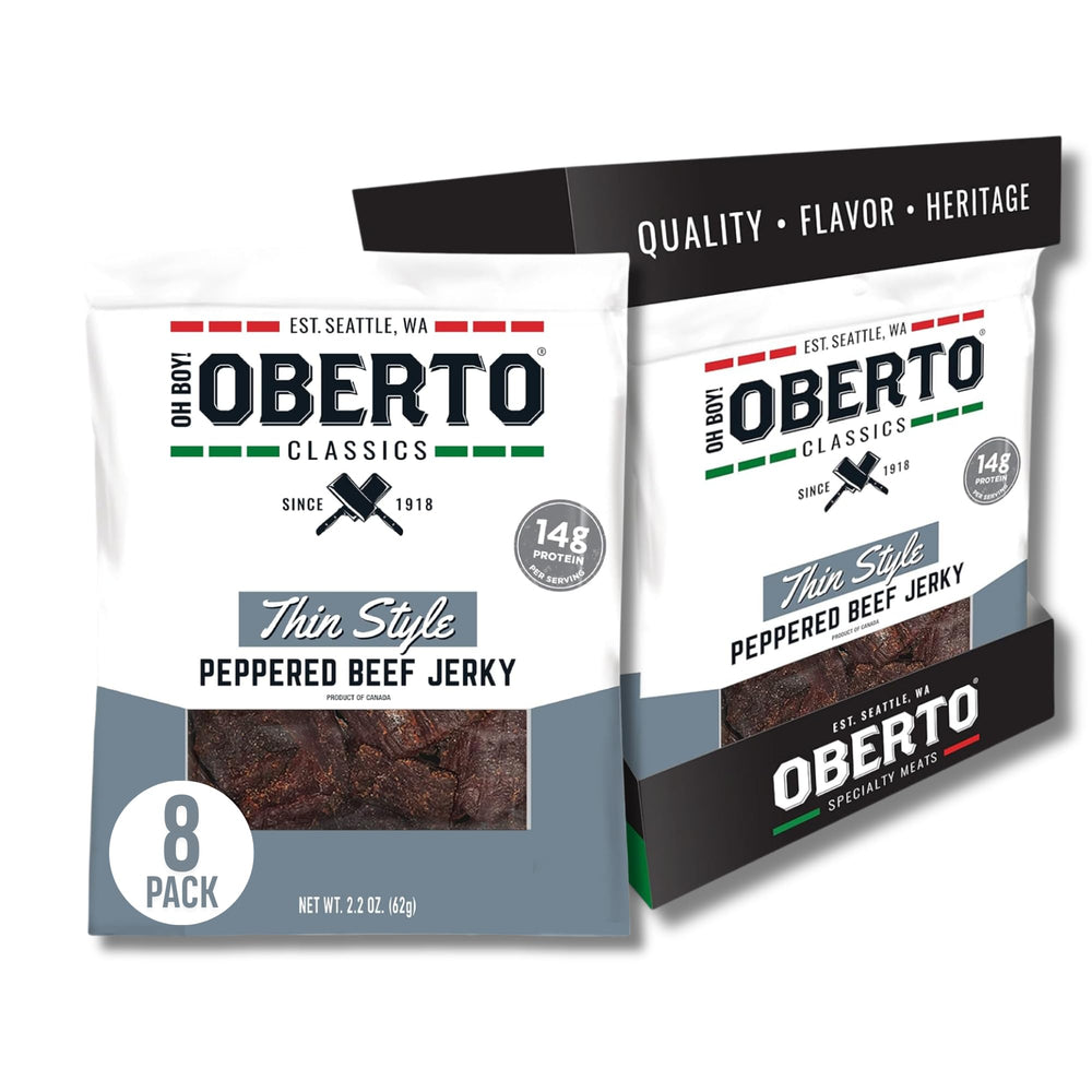 Oberto Classics Thin Style Peppered Jerky pack on-the-go protein snack.