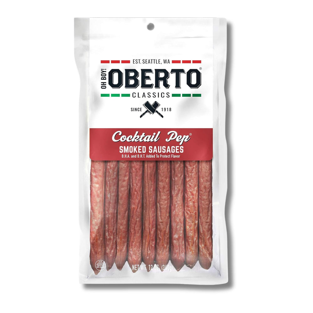 Oberto Oh Boy Classics Cocktail Pep Smoked Sausages 12oz package showing smoky bites and legacy flavor.