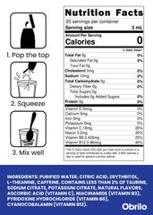Close-up of Obrilo label highlights L-theanine, taurine, and natural flavors