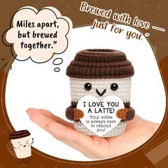 OCCdesign crochet coffee decor on desk adds warm, cozy coffee shop vibe.