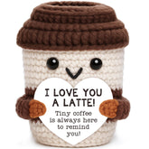 OCCdesign mini anniversary crochet coffee gift on display for romantic desk decor.