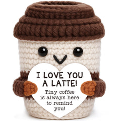 OCCdesign mini anniversary crochet coffee gift on display for romantic desk decor.
