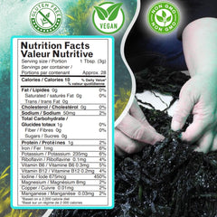 Ocean's Balance Dulse flakes packaging highlights eco-friendly Maine harvest and nutrients.