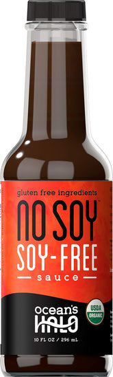 Ocean's Halo Organic No Soy Sauce bottle on kitchen counter, showcasing organic packaging and label.