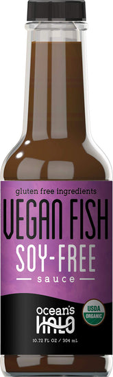 Ocean's Halo Organic Vegan Fish Sauce bottle, rich umami for vegan dishes.