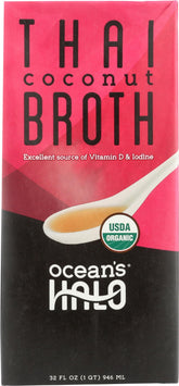 Ocean's Halo Thai Coconut Broth bottle highlighting organic vegan base for flavorful soups.