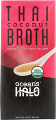 Ocean's Halo Thai Coconut Broth bottle highlighting organic vegan base for flavorful soups.