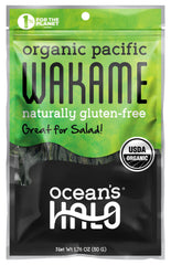 Ocean's Halo Organic Wakame Strips packaging shows premium seaweed for quick meals.