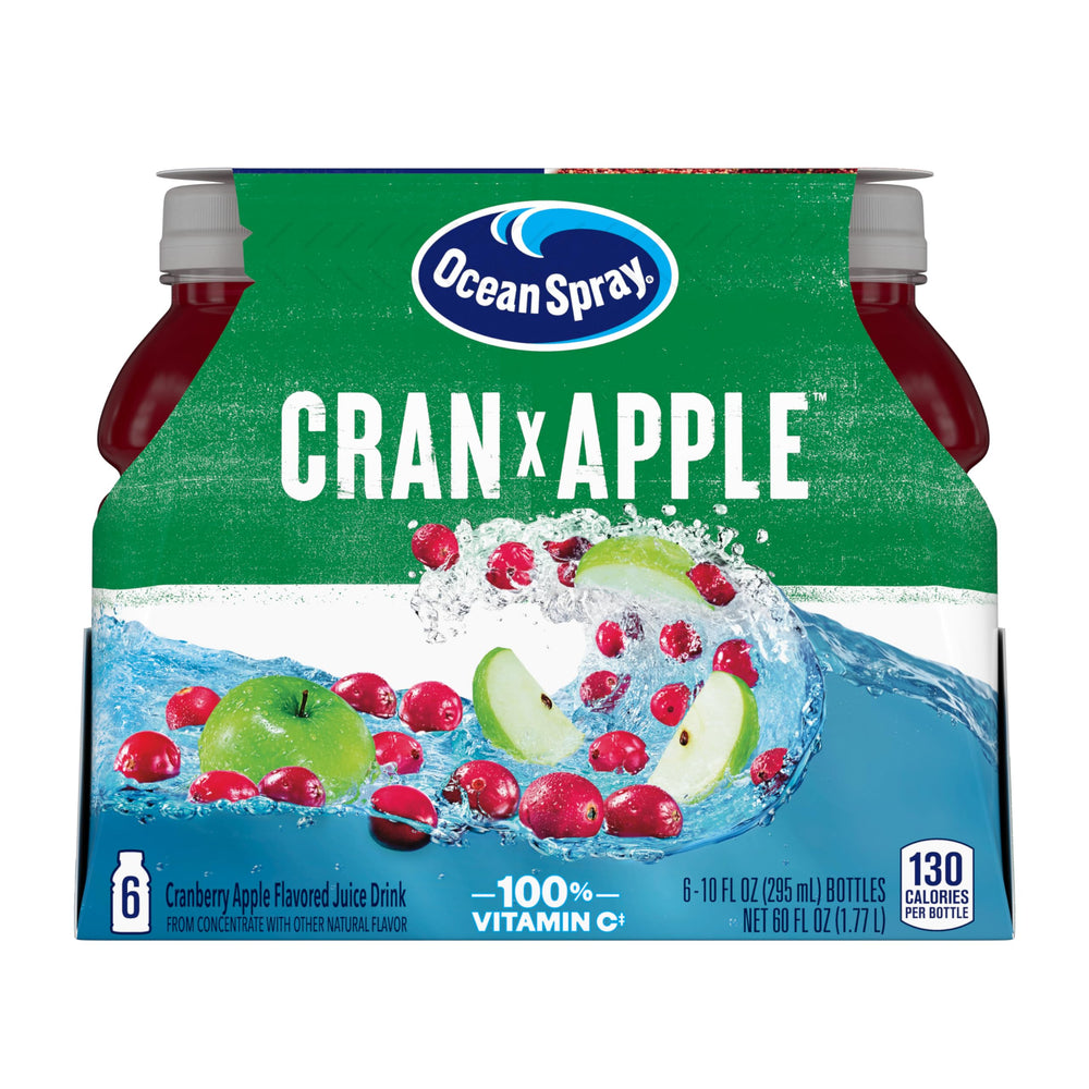 Ocean Spray Cran-Apple juice bottle on a kitchen shelf, convenient six-pack for family drinks.