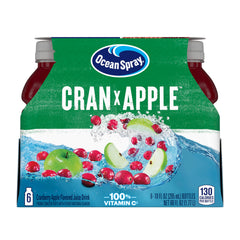 Ocean Spray Cran-Apple juice bottle on a kitchen shelf, convenient six-pack for family drinks.