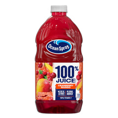 Ocean Spray cranberry mango bottle front, refreshing 100% juice blend.