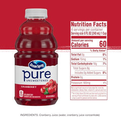 Ocean Spray Pure Unsweetened Cranberry juice bottle closeup highlights clean juice with no added sugar.