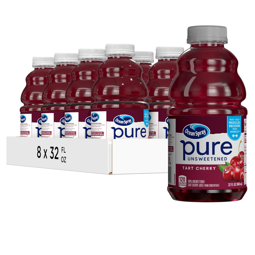 Ocean Spray Pure Unsweetened Tart Cherry Juice bottle front showing 100% fruit juice